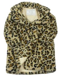 Béžový kožušinový zateplený kabát s leopardím vzorom Tu