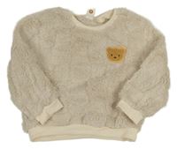 Béžová chlpatá kockovaná mikina s medvěďom