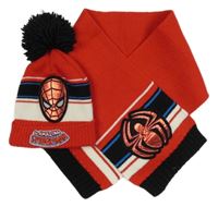 2set - Červeno-smetanovo-černá pletená čepice se Spidermanem + šála Tu