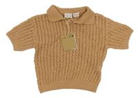 Nové - Hnědé perforované pletené tričko s límečkem Zara