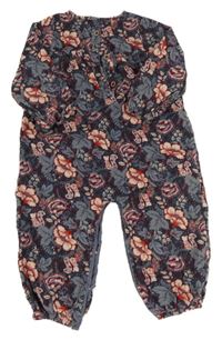 Tmavomodrý květovaný manšestrový kalhotový overal Nutmeg