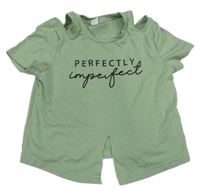 Zelené crop tričko s nápisom a prestrihmi Shein