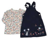 2set - Tmavomodré plátěné laclové šaty s myškou + bílé květované triko