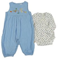 2set - Světlemodrý manšestrový kalhotový overal se zvířaty + smetanové body s ježky