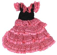 Kockovaným - Ružovo-čierne bodkovaná é vrstvené šaty s strapcemi