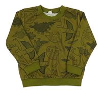 Khaki mikina s dinosaurami shein