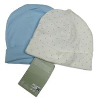 2x čepice - biela s puntíky + svetlomodrá H&M