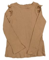 Hnedé rebrované tričko s volánikmi H&M