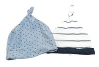 2x čepice - modrá zamatová čapica s hězdičkami + bielo-modrá pruhovaná čapica