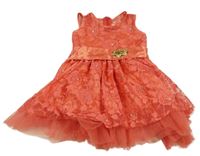 Korálové krajkové slavnostní šaty s páskem a kamínky 