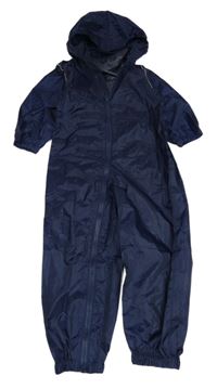 Tmavomodrá šusťáková nepromokavá kombinéza s nápisem a kapucí 