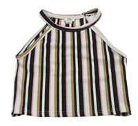 Bielo-čierno-hnedo-ružový pruhovaný rebrovaný crop top River Island
