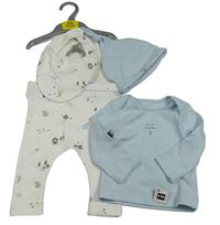 4set - Bílé legíny s obrázky + bílý bryndák s obrázky + světlemodré triko s nápisem + světlemodrá čepice Dunnes Stores