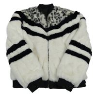 Bílo-černá kožešinová oboustranná zateplená bunda s pruhy a leopardím vzorem 