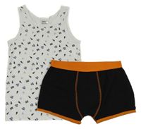 2set - Bílý nátělník s obrázky + čierno-oranžové boxerky