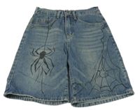 Modré riflové široké kraťasy s pavouky 