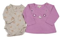 2 set - Fialové tričko s řetízkem + béžové zavinovací body s medvedíkmi