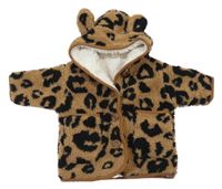 Hnědo-černá huňatá zateplená bunda s leopardím vzorem a kapucí Next