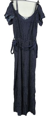 Dámský tmavomodrý puntíkovaný letní palazzo kalhotový overal s páskem Warehouse 