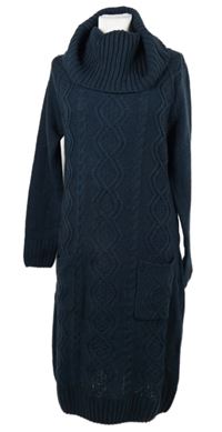 Dámske tmavomodré vzorované svetrové šaty s komínovým golierom Bonprix