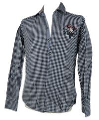 Pánská tmavomodro-bílá kostkovaná body fit košile s výšivkou Marvelis