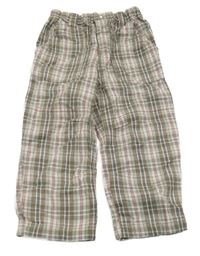 Bielo-béžovo-modro-červené kockované plátenné nohavice