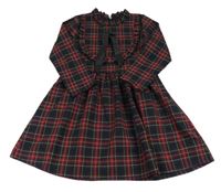 Tmavomodro-červeno-žluté kostkované šaty s volánkem 