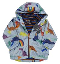 Nové - Světlemodrá melírovaná šusťáková jarní bunda s dinosaury a kapucí Next