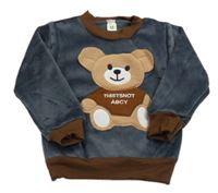 Tmavošedo-hnědá plyšová mikina s medvídkem 