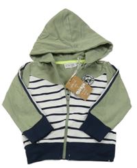 Nové - bílo-tmavomodro-khaki pruhovaná prepínaci mikina s nášivkou a kapucňou Dirkje