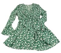 Zeleno-biele kvetované šaty s opaskom Shein