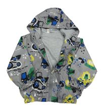 Sivá šušťáková jarná bunda s traktormi a kapucňou