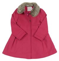 Růžový flaušový podšitý kabát s kožešinou Miniclub