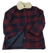 Tmavomodro-červený kostkovaný vlněný zateplený kabát La Redoute