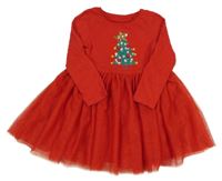 Červené bavlněné šaty s tylovou sukní a stromečkem Tu