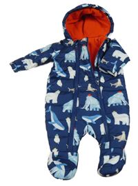 Tmavomodrá šusťáková zimní kombinéza se zvířátky a kapucí St. Bernard 