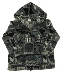 Šedo-černá vzorovaná chlupatá mikina s kapucí 