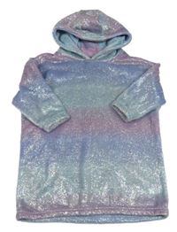 Modro-ružová pruhovaná chlpatá zateplená oversize mikina s kapucňou Next