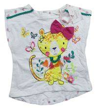 Biele melírované tričko s mačičkou a motýlikmi a bodkami M&Co