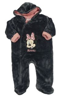 Tmavošedá plyšová podšitá kombinéza s Minnie a kapucí s oušky Disney