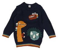 Tmavomodrý rebrovaný sveter s dinosaurami a pruhmi Tu