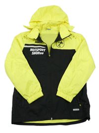 Černo-křiklavě žlutá šusťáková sportovní bunda se znakem a ukrývací kapucí JAKO
