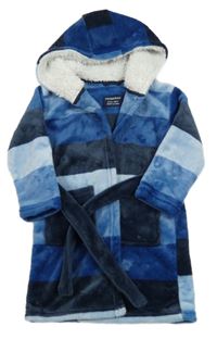 Modro-tmavomodro-světlemodrý pruhovaný plyšový župan s kapucí PRIMARK