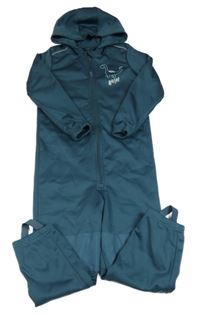 Tmavopetrolejová softshellová kombinéza s dinosaurom a kapucňou lupilu