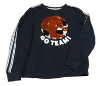 Tmavomodrá mikina s míčem z překlápěcích flitrů a nápisom a pruhmi H&M