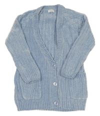 Světlemodrý melírovaný žebrovaný žinylkový propínací oversize dlouhý svetr Next