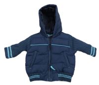 Tmavomodrý prošívaný šusťákový jarní zateplený bomber s pruhy a pletenými rukávy a kapucí Cherokee