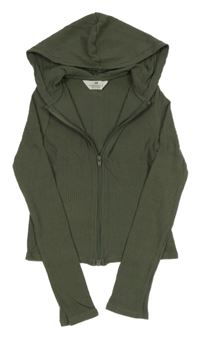 Khaki rebrovaná prepínaci slabá crop mikina s kapucňou H&M