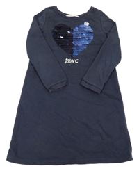 Tmavomodré teplákové šaty so srdíčkem z překlápěcích pajetek H&M