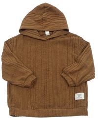 Béžový rebrovaný zamatový sveter s kapucňou Shein
